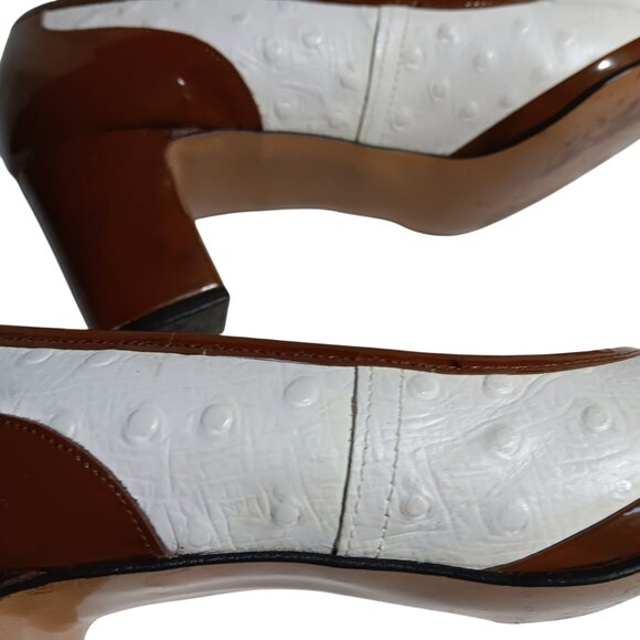 7.5 aaa N Vintage Womens Shoes PUMPS 1970s RISQUE FAUX OSTRICH 2 TONE IN BOX - Picture 6 of 11